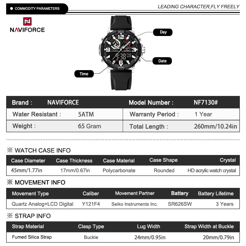 Reloj deportivo para hombre NAVIFORCE, doble hora, resistente al agua 5ATM, esfera grande, reloj de pulsera analógico-digital con cronómetro, alarma y correa de silicona