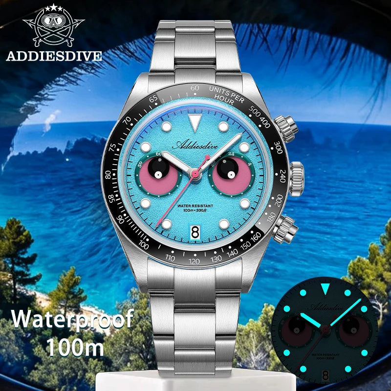 Reloj de lujo para hombre ADDIESDIVE AD2557 con esfera divertida, cronógrafo Meca-Quartz VK64, bisel de cerámica de 40 mm, luminiscencia BGW9 y resistente al agua hasta 100 m