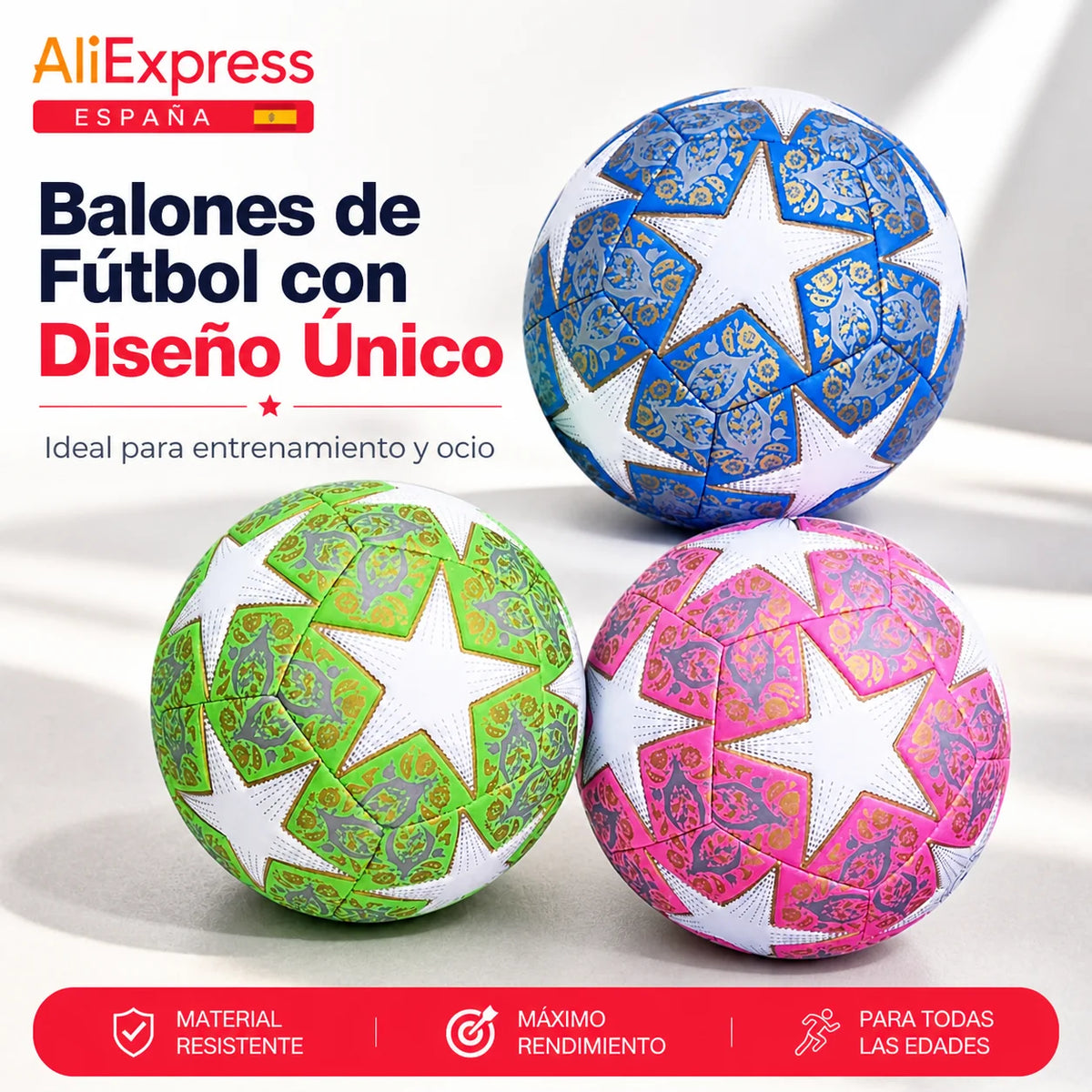 Balón de Fútbol Multicolor con Patrón de Estrellas para Entrenamiento Deportivo,Se enviará 1 unidad en un color al azar de los 3 disponibles.