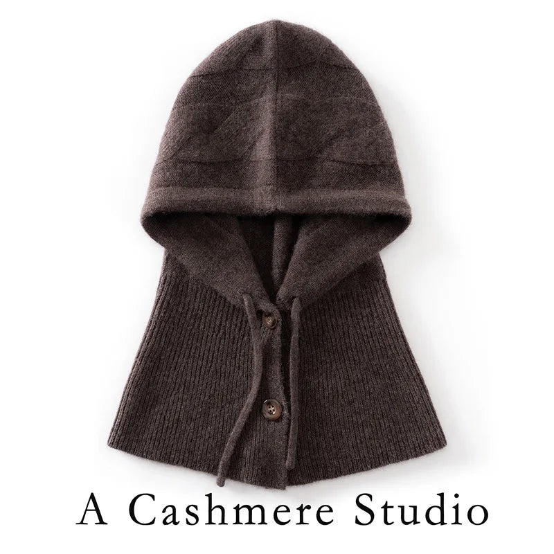 Gorro 100% de cachemira con capucha integrada de punto trenzado grande y cuello calentador, gorro tipo pasamontañas con botones para mujer, gorro cálido tipo pullover.