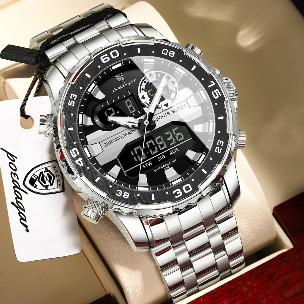 Reloj de cuarzo para hombre POEDAGAR, con fecha y día, pantalla LED electrónica, luminoso, estilo juvenil, con doble hora, reloj deportivo digital para hombre