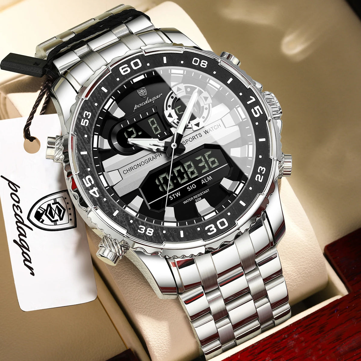 Reloj de cuarzo para hombre POEDAGAR, con fecha y día, pantalla LED electrónica, luminoso, estilo juvenil, con doble hora, reloj deportivo digital para hombre