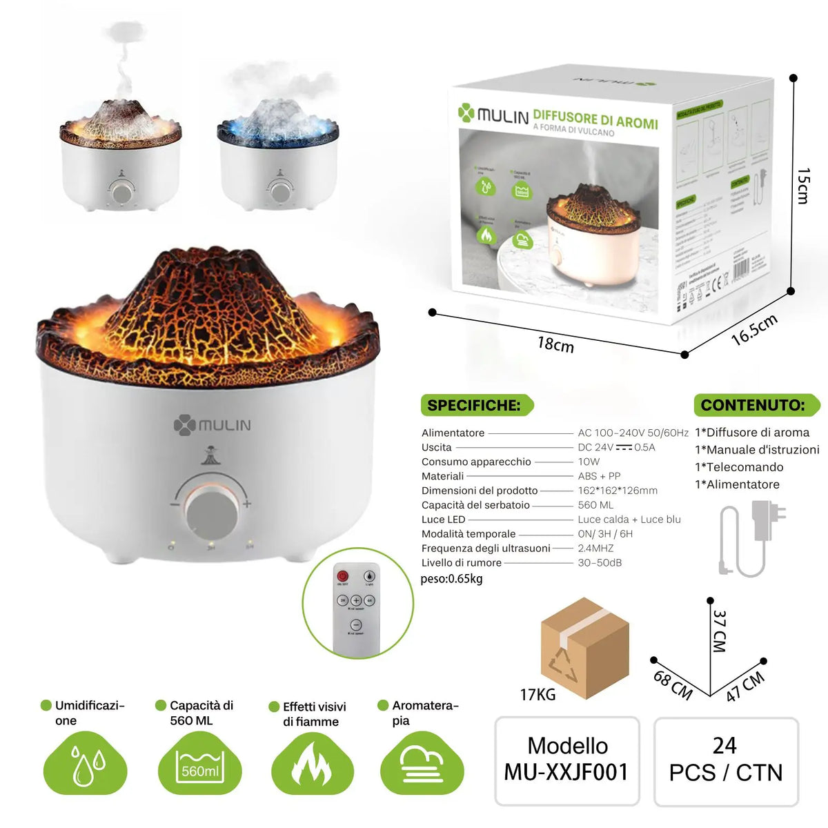Humidificador y difusor de aromas con efecto de lava volcánica, 560 ml, luz nocturna con simulación de llama roja y azul, control remoto con temporizador (encendido/3 horas/6 horas), humidificador de aire ultrasónico silen