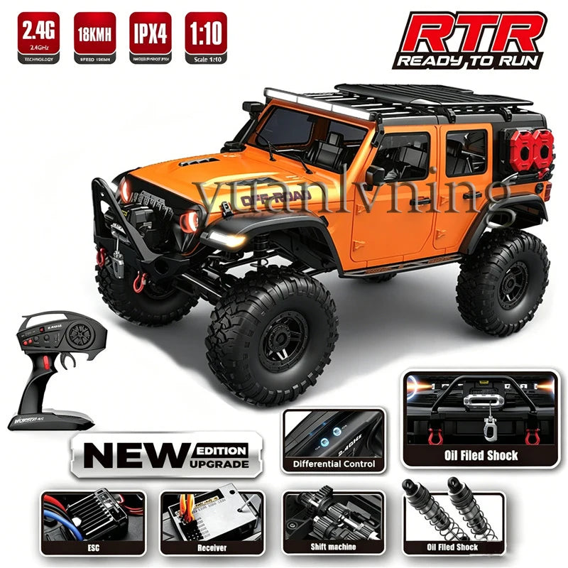 Coche RC 1/10 vehículo a control remoto 2.4G rock crawler de escala completa, camión todoterreno 4WD para escalar con luz LED