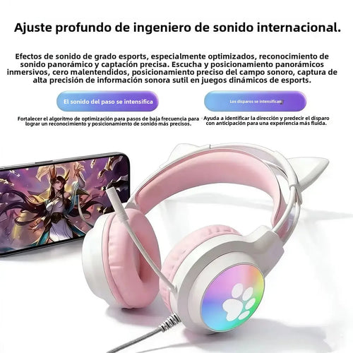 Auriculares para juegos SOYTO Pink Cat Ear, auriculares con cable con luz LED RGB, micrófono con cancelación de ruido, sonido estéreo para PC, portátil, gamer, chicas
