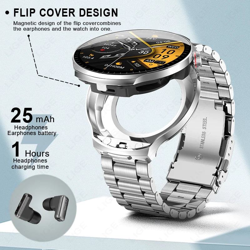 LIGE TWS Smart Watch with Earbuds 1.85" IPS Screen BT Call Heart Rate Sleep Monitor Waterproof Sports Smartwatch for Android iOS