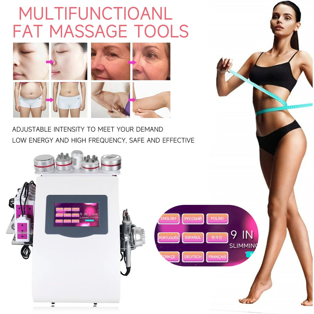 Máquina de Belleza 9 en 1, Nueva, 80K, Cavitación, Vacío, Adelgazamiento, Masaje, Radiofrecuencia RF, Dispositivo de Lifting y Tensado de la Piel del Rostro