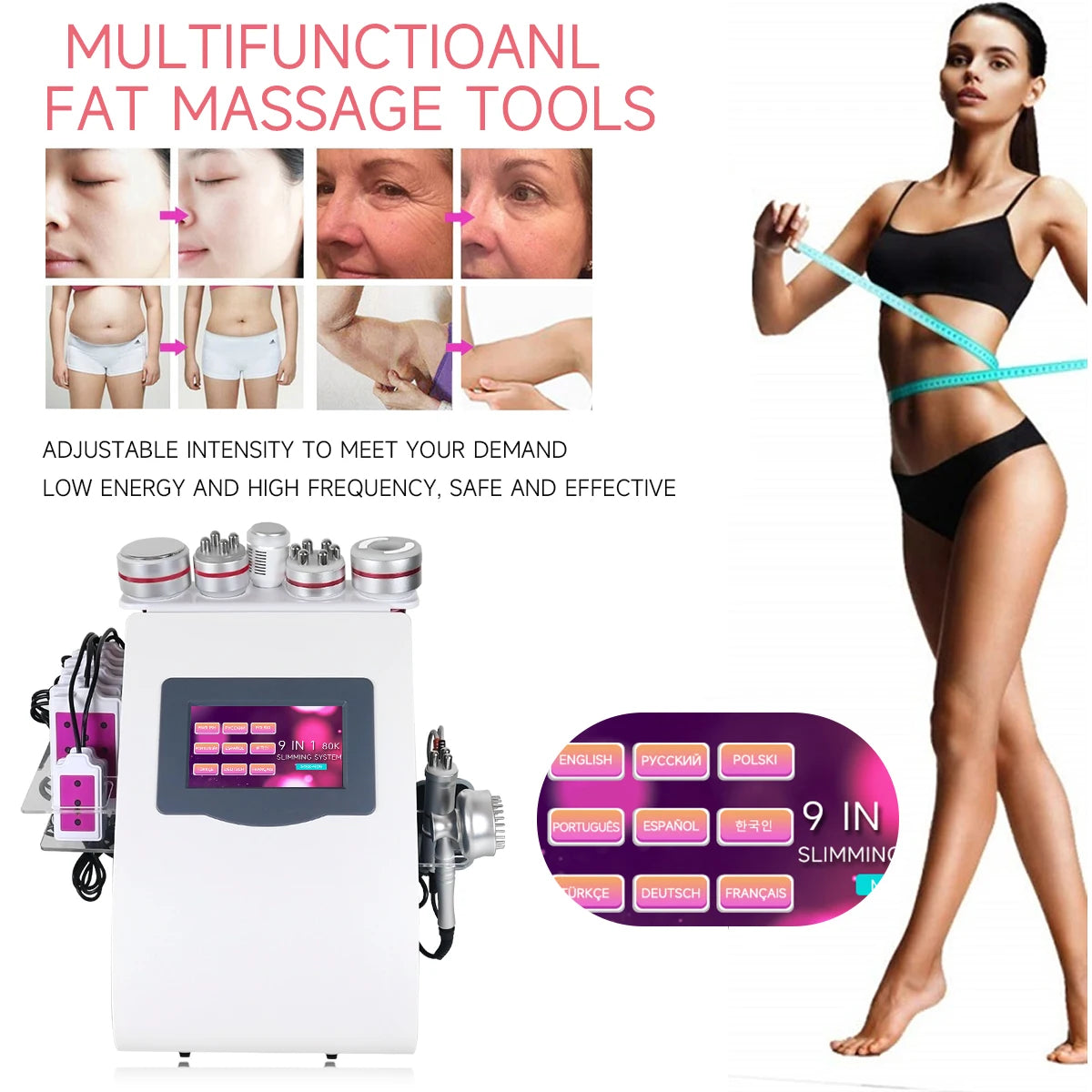 Máquina de Belleza 9 en 1, Nueva, 80K, Cavitación, Vacío, Adelgazamiento, Masaje, Radiofrecuencia RF, Dispositivo de Lifting y Tensado de la Piel del Rostro