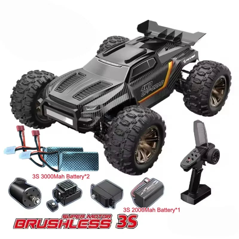 Set coche RC 4WD gris y negro con control remoto y dos baterías 3S 3000 mAh