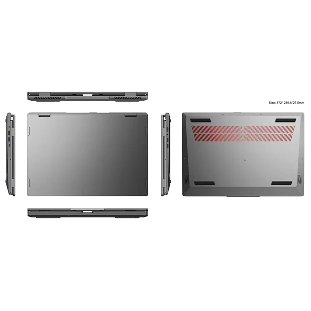 Portátil triple pantalla plegado en secciones, vista superior y laterales, color gris oscuro