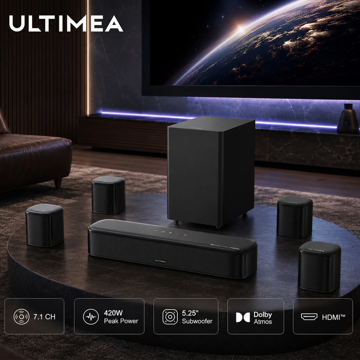 Barra de sonido negra con subwoofer cuadrado y cuatro altavoces satélite cilíndricos