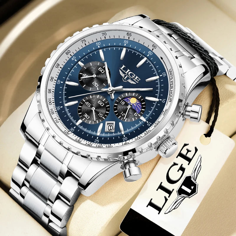 Reloj para hombre LIGE, nuevo reloj de acero completo, resistente al agua, luminoso, de cuarzo, de moda, militar, con fecha y cronógrafo.