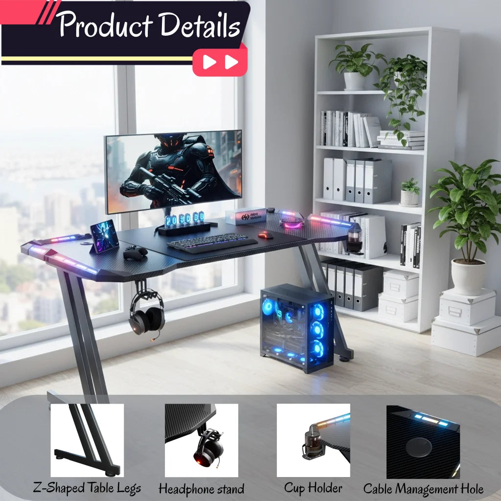 Escritorio gaming con tiras LED RGB, escritorio negro y accesorios: soporte de taza y auriculares