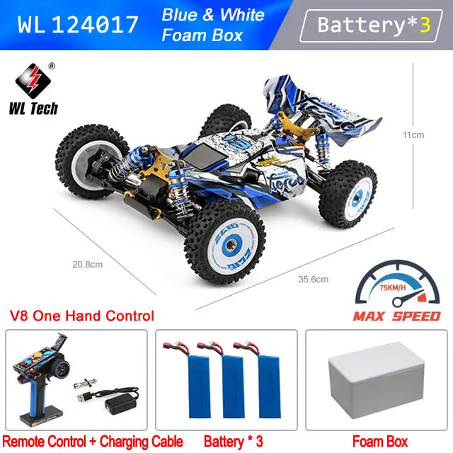 Coche RC 1:12 4WD azul y blanco con ruedas grandes y amortiguadores