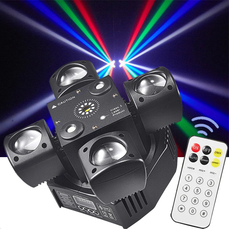 Mini cabeza móvil con efecto de iluminación de escenario, 4 brazos, DMX, control por sonido, haz LED RGBW, láser rojo y verde, estroboscópico, 3 en 1, para discoteca, DJ, fiesta y bares