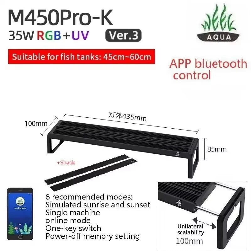 WEEK AQUA M Series V3 and Extendable Bracket RGB+UV Full Spectrum LED Plant Lamp APP Control Planted Tank Fish Tank Lighting