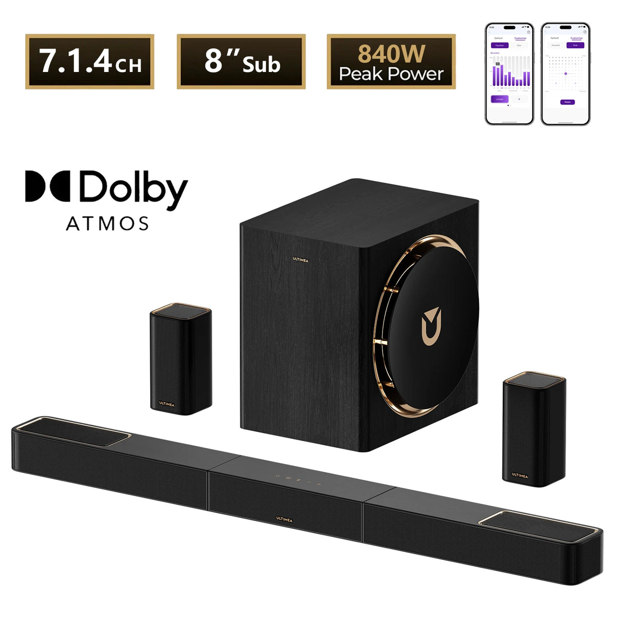 Kit de barra de sonido con subwoofer inalámbrico de 8" y altavoces traseros
