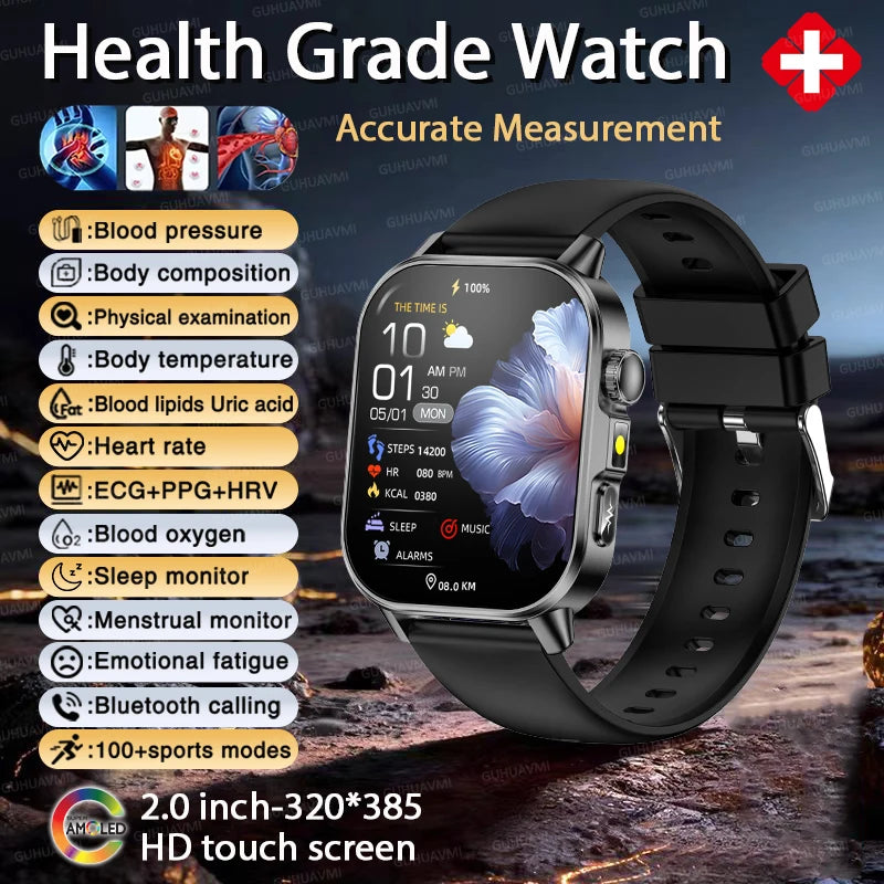 Reloj inteligente de enfermería de alta gama 2026 para hombre, ECG+PPG, presión arterial precisa, lípidos, ácido úrico, pantalla AMOLED de 2.0 pulgadas, reloj de llamadas HD para hombre