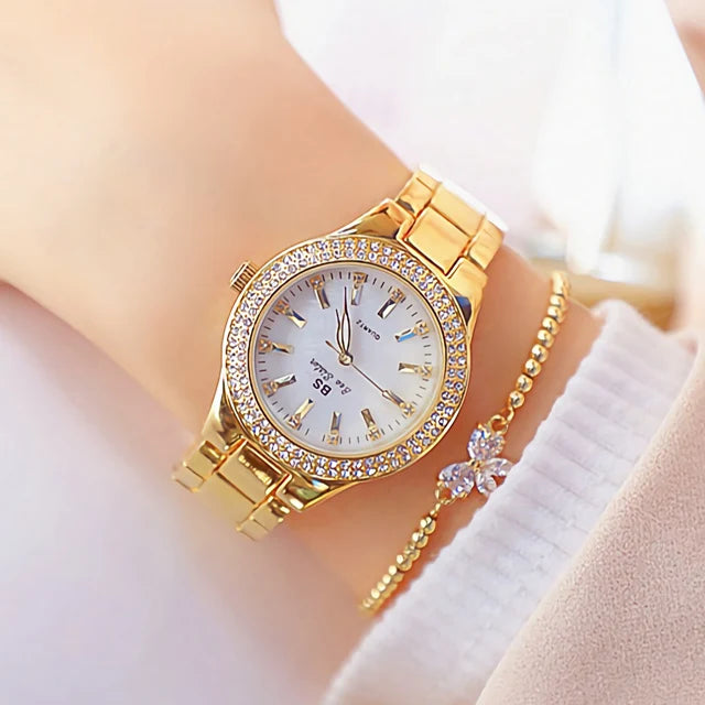 Relojes de pulsera para mujer, reloj de vestir dorado, reloj con diamantes de cristal, relojes de acero inoxidable plateados para mujer, Montre Femme