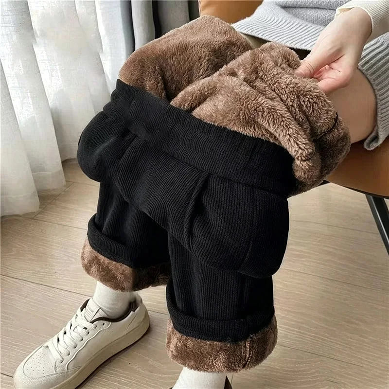 Pantalones de felpa de cintura alta de color liso para mujer, pantalones de lana cálidos para la nieve, pantalones rectos holgados para mujer, invierno 2026