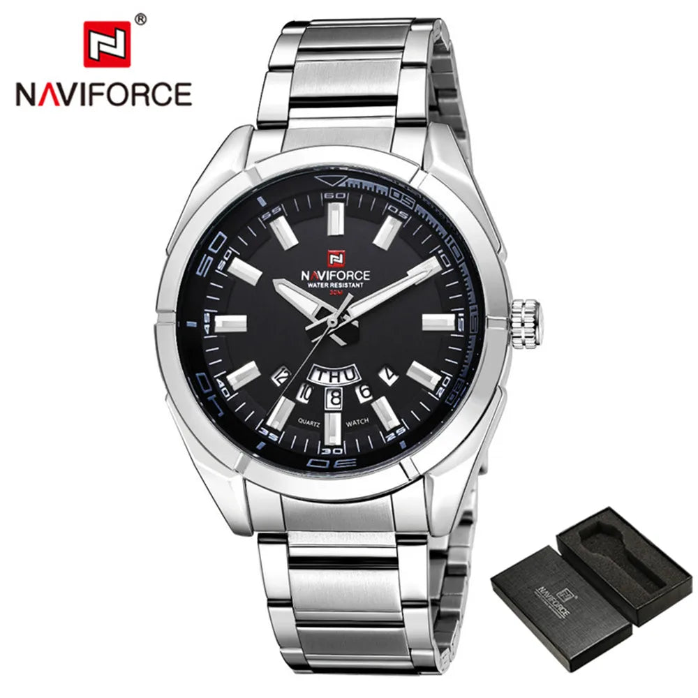 Reloj NAVIFORCE para hombre con fecha y día, deportivo, de lujo, de marca reconocida, estilo militar, casual, con correa de acero, de cuarzo, regalo, modelo 9038