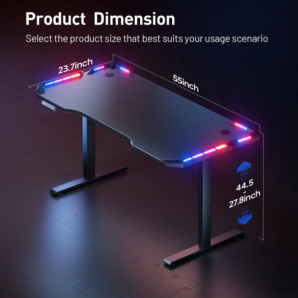 Mesa de 55 pulgadas con superficie de fibra de carbono y luces LED en los laterales.