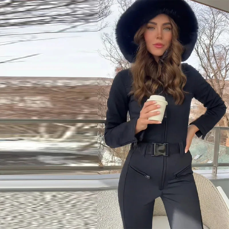 Traje de esquí cálido para mujer, mono de una sola pieza con capucha, cuello de piel, manga larga, corte ajustado en la cintura, ideal para actividades de invierno al aire libre y para practicar snowboard.