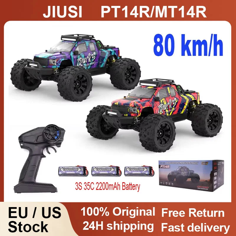 JIUSI PT14R MT14R Coche RC 1/14 4WD 80km/h Sin Escobillas 2.4G Coche de Carreras a Control Remoto Camión RC Todoterreno de Alta Velocidad 3S 35C 2200mAh
