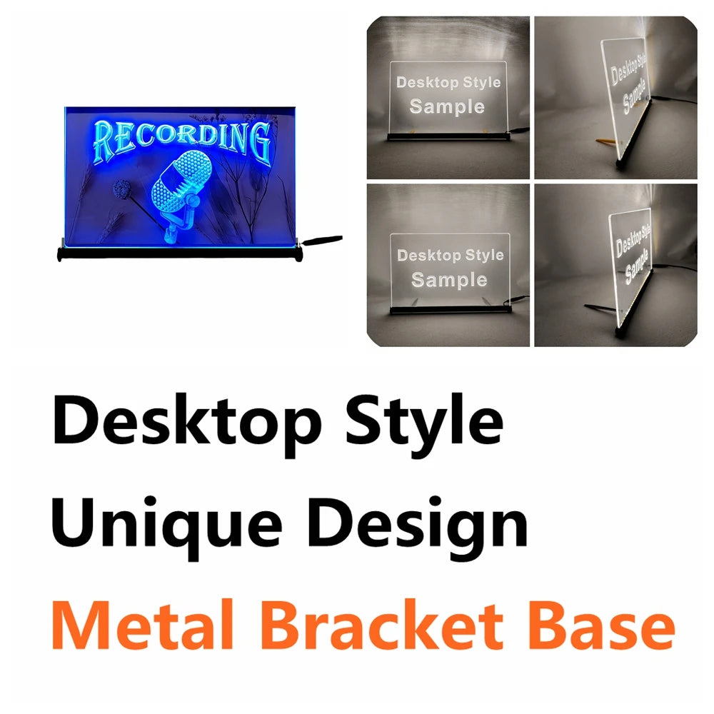 Letrero de neón LED rectangular colgante con texto «RECORDING» y micrófono, luz azul