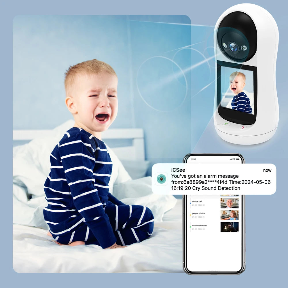 Cámara con Wifi 2K, 3MP, pantalla IPS de 2,8 pulgadas, seguimiento humano, Audio bidireccional, PTZ, videollamada, intercomunicador, Monitor inteligente para bebé, Icsee
