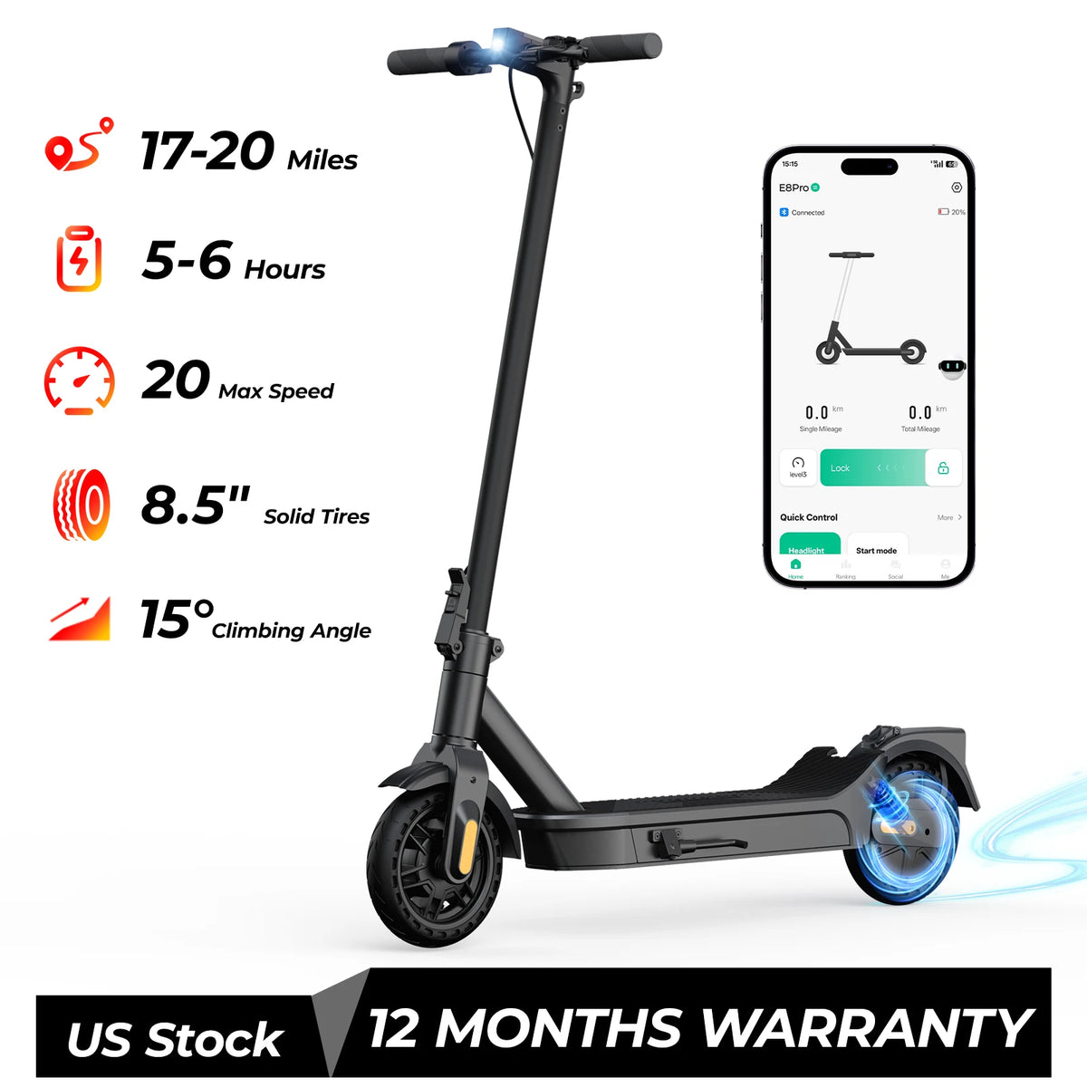 Patinete eléctrico plegable con neumáticos macizos de 8,5" y control en app (teléfono).