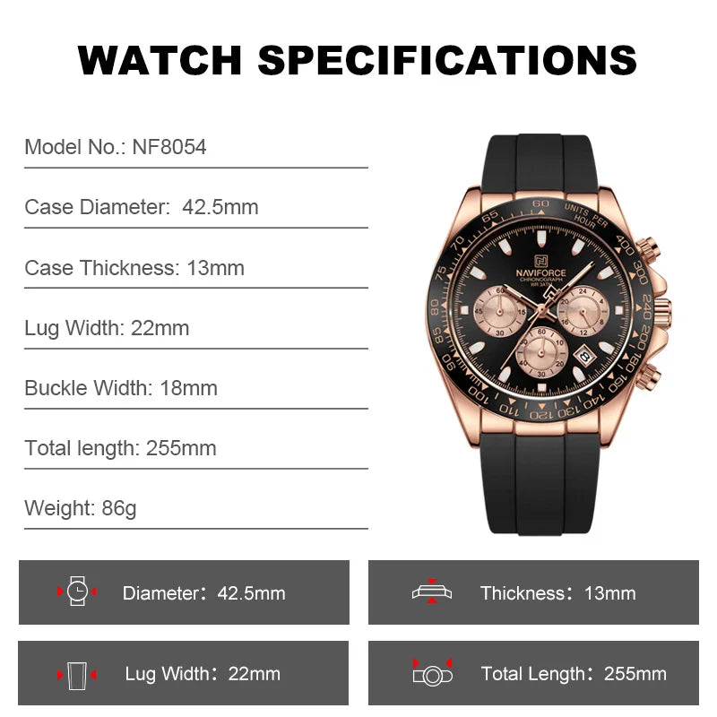 Reloj de pulsera para hombre NAVIFORCE, marca líder, cronógrafo, visualización de fecha y 24 horas, reloj de moda con correa de silicona, multifunción.