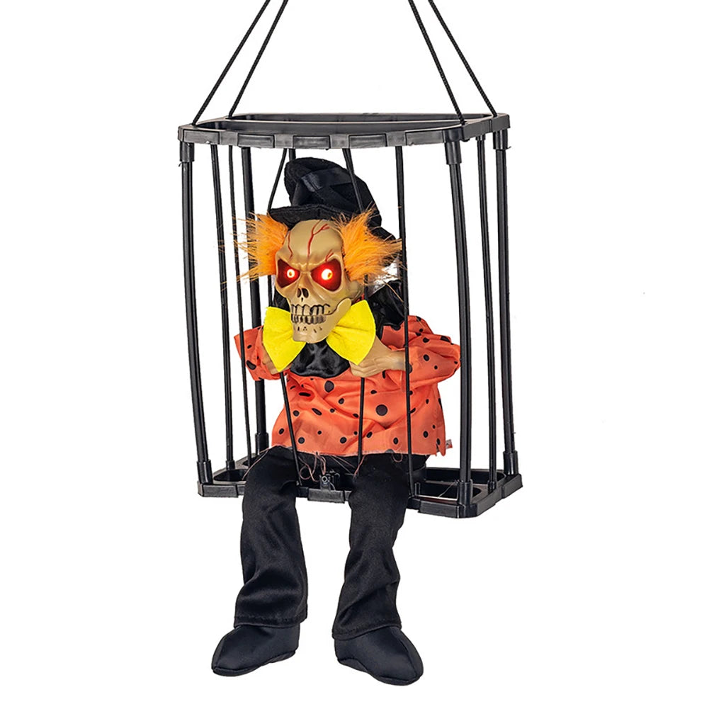 Juguete de fantasma colgante para Halloween, sensor de movimiento, ojos LED, fantasma en jaula de prisionero aterrador, funciona con pilas, activado por voz, gritos espeluznantes, decoración de zombi