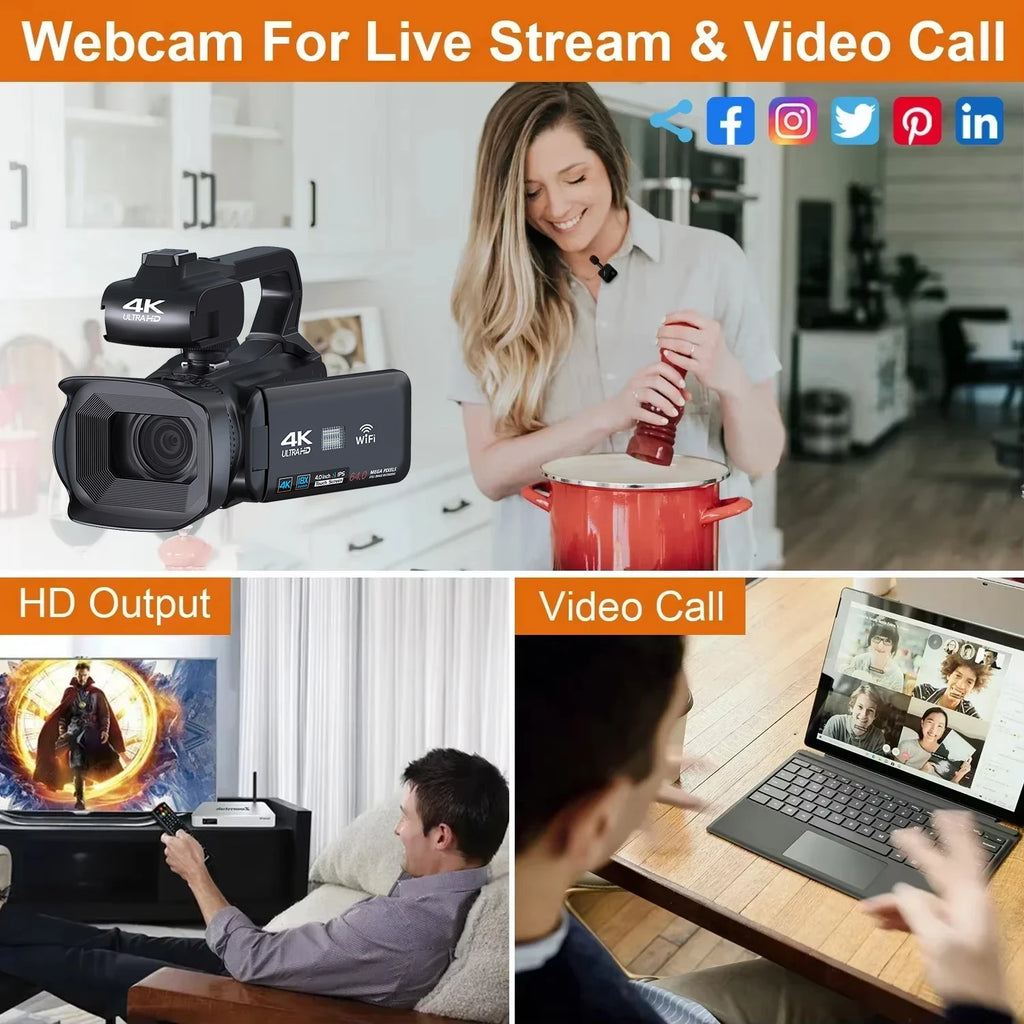 Cámara de vídeo profesional 4K para fotografía, Zoom Digital 18X, cámara Vlogging de visión nocturna, videocámara web WiFi de 64MP