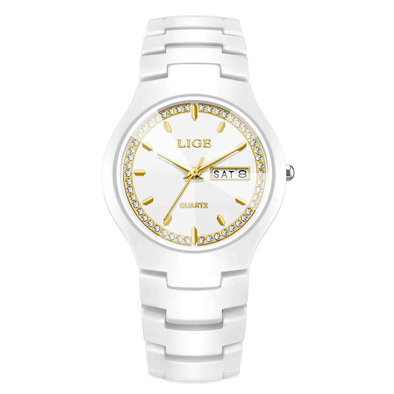 Relojes LIGE de cerámica para hombre con calendario, relojes de pulsera impermeables para mujer, reloj de vestir sencillo con diamantes, reloj de cuarzo con visualización de fecha y día de la semana