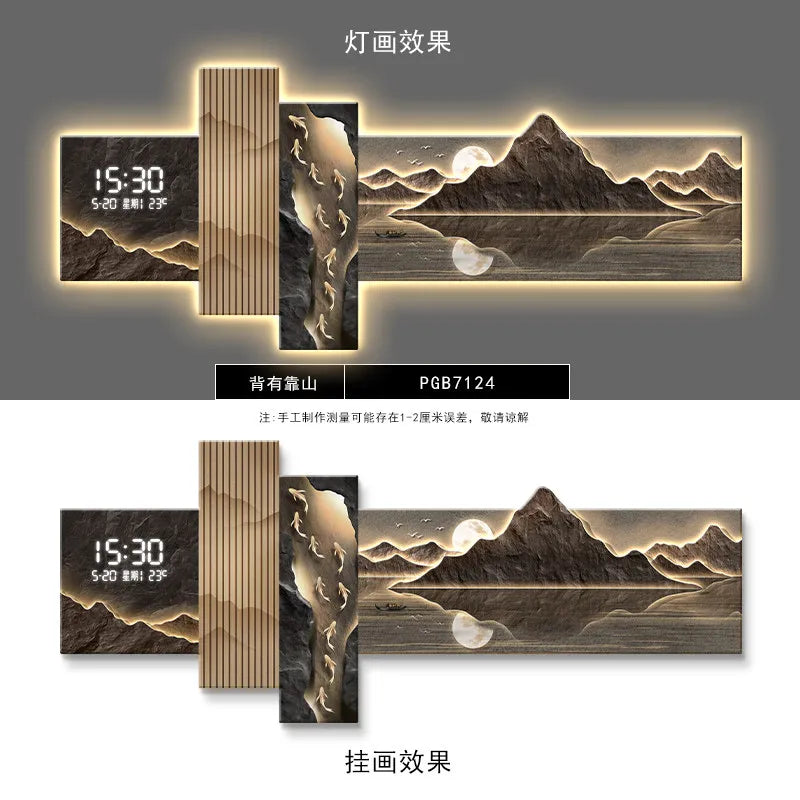 Cuadro mural LED estilo chino con reloj electrónico y paisaje de montañas en luz
