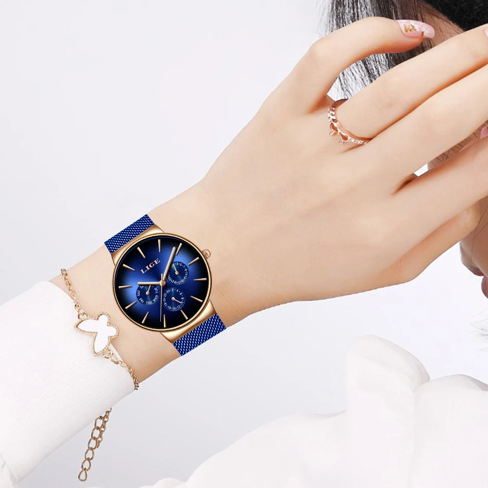 Nuevo reloj de moda para mujer LIGE elegante, lujoso, sencillo, ultrafino, con correa de malla de acero, de cuarzo, resistente al agua y con calendario casual.