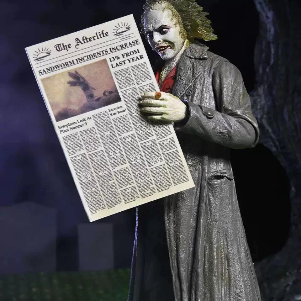 Figura de acción original de NECA, Betel Geuse, el guía turístico del exorcista, 1988, versión definitiva, con abrigo de gabardina, modelo coleccionable de Beetlejuice.