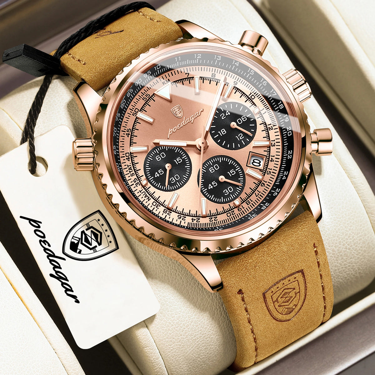 Reloj de cuarzo para hombre POEDAGAR, de negocios, resistente al agua, luminoso, con cronógrafo, fecha, correa de piel y diseño de moda