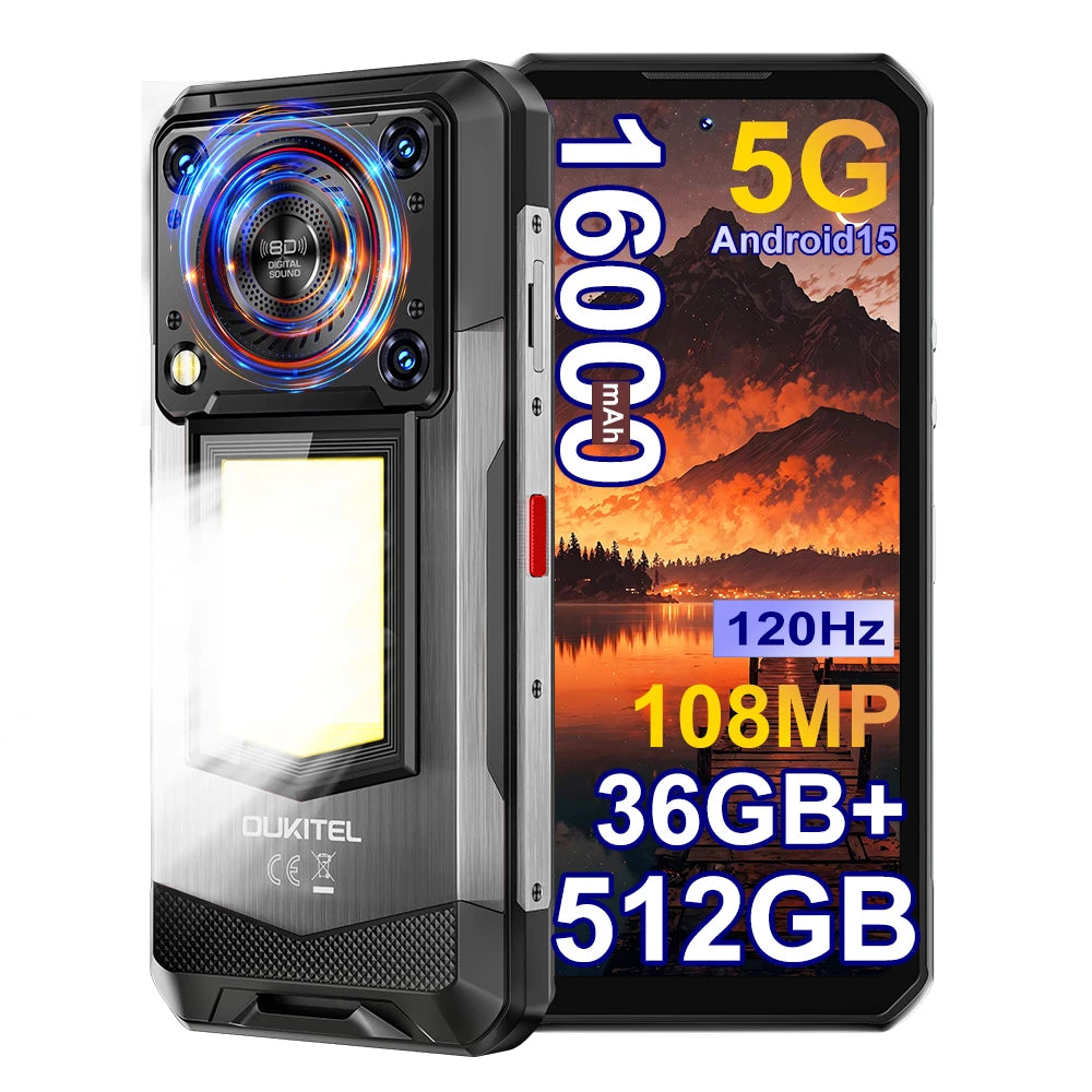 Smartphone OUKITEL WP56 Android 15, 36 GB (12+24) 512 GB, 16000 mAh, 45 W, luz de camping, 6.8" FHD 120 Hz, altavoz de 128 dB, 108 MP, celular 5G