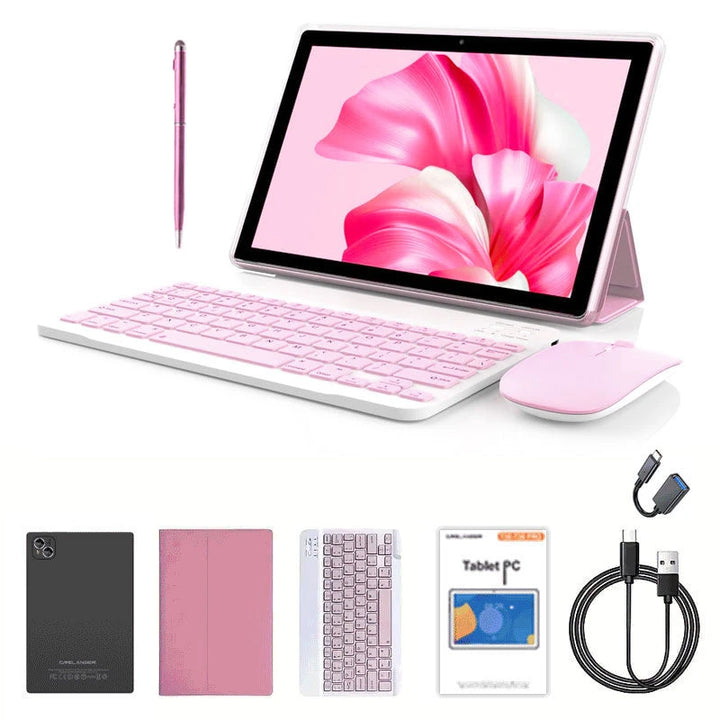 KOOMDIGI T30 PRO, tableta 2 en 1 de 10,1 pulgadas, con sistema operativo Android, 6 GB de RAM, 128 GB de ROM, conectividad 4G LTE, WiFi de 2,4 GHz + 5 GHz, doble cámara de 5 MP + 13 MP, con funda rosa, lápiz óptico, teclad