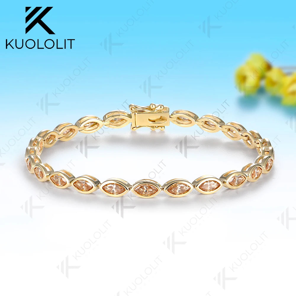 Pulsera Kuololit de Moissanita Champagne de 7.2CTW para Mujer, Oro Amarillo Sólido de 14K/10K, Corte Marquesa, para Regalos de Lujo en Fiestas Navideñas
