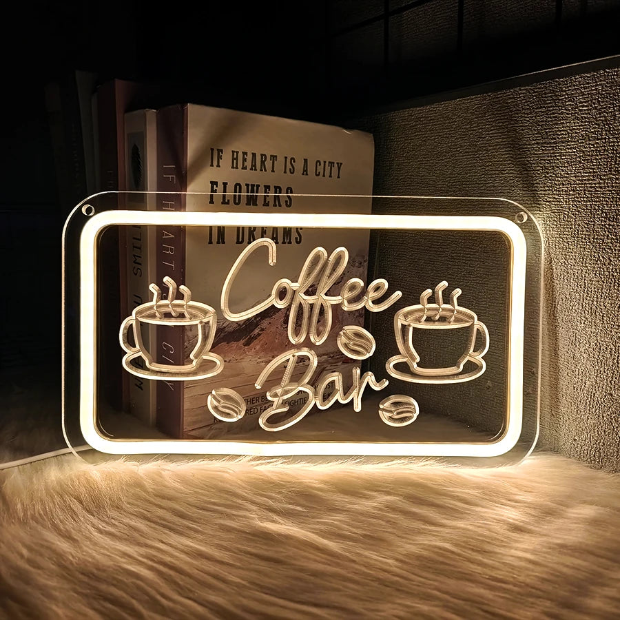 Letrero neón LED rectangular de café con dos tazas y texto “Coffee Bar”.