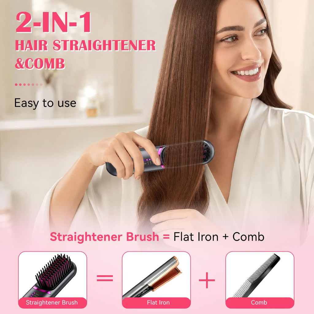 Cepillo Alisador de Cabello Inalámbrico Recargable, Peine Caliente Portátil con 3 Ajustes de Temperatura para un Cabello Liso y Alisado