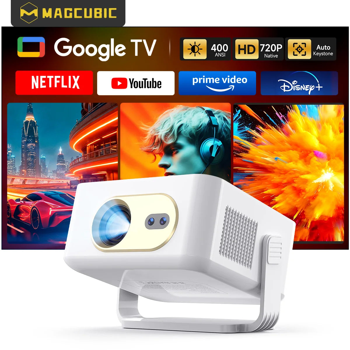 Proyector Inteligente Magcubic 400ANSI HD con Enfoque Automático, HY300GTV con WiFi Dual, Android 14, Google TV Stick, 2K, Home Theater
