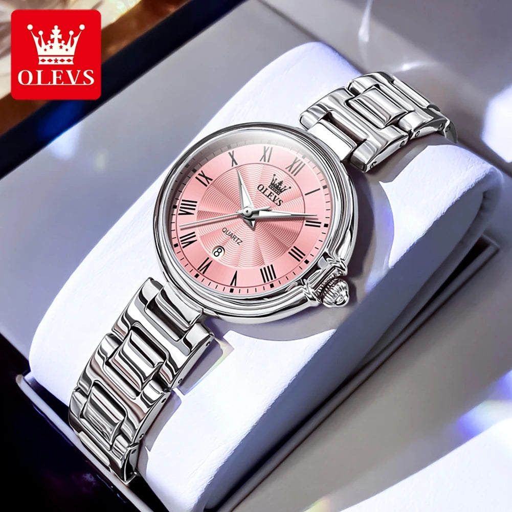 Reloj para mujer OLEVS 5608, marca de lujo, cuarzo, números romanos, resistente al agua, luminoso, con calendario, elegante reloj para mujer.