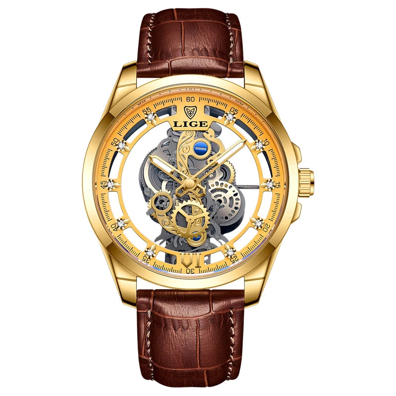 Reloj automático de cuarzo LIGE para hombre, reloj esqueleto dorado, reloj vintage para hombre, relojes de hombre de marca de lujo