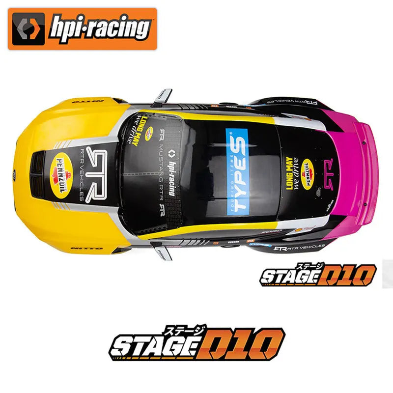 HPI Stage D10 1/10 Coche RC Simulación Mustang BH, Vehículo Eléctrico de Carreras a la Deriva con Control Remoto, Modelo de Colección para Entusiastas