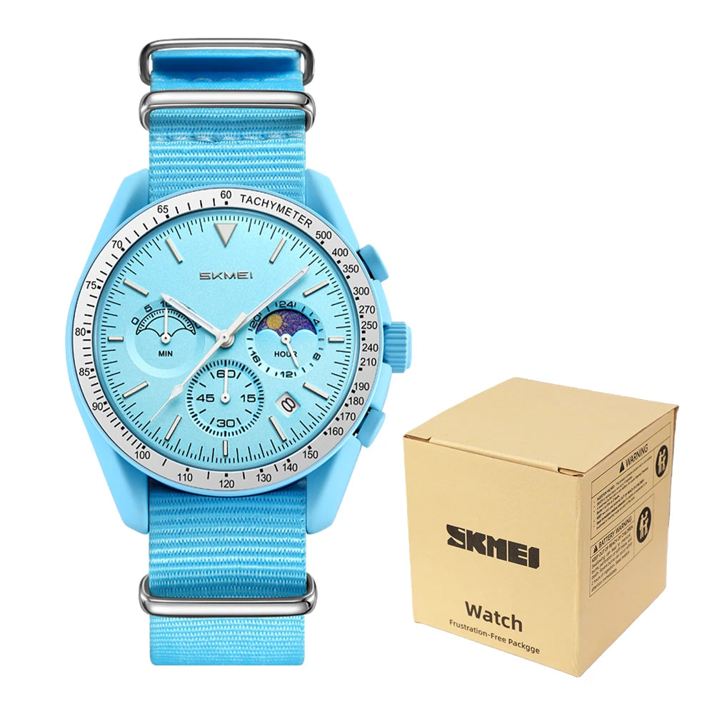 Reloj de cuarzo para hombre SKMEI 9392, resistente al agua 30M, reloj juvenil de moda para hombre, subesferas con diseño de sol y luna, correa de nailon, temporizador de cuenta regresiva
