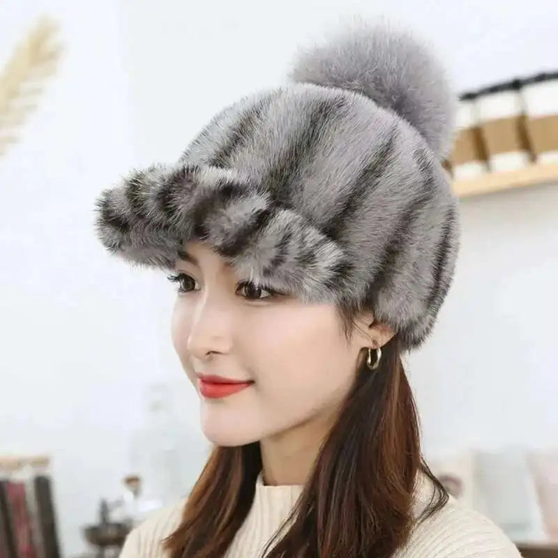 Gorro de piel de visón auténtica para mujer, gorro informal de pico de pato con bola de piel de zorro, gorro de caballero tejido a la moda, gorros de béisbol de piel auténtica gruesa